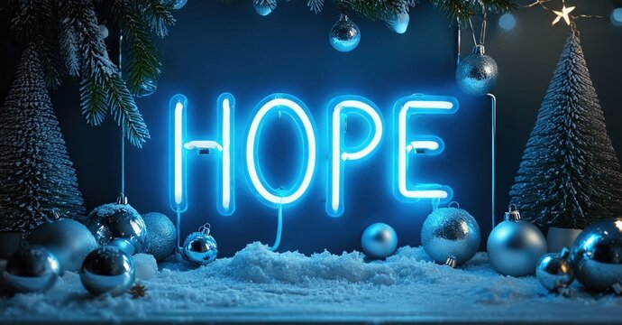 Bright neon HOPE sign amidst winter decor. Snow, ornaments, fir trees create festive scene. Blue tones dominate composition. - Powered by Adobe