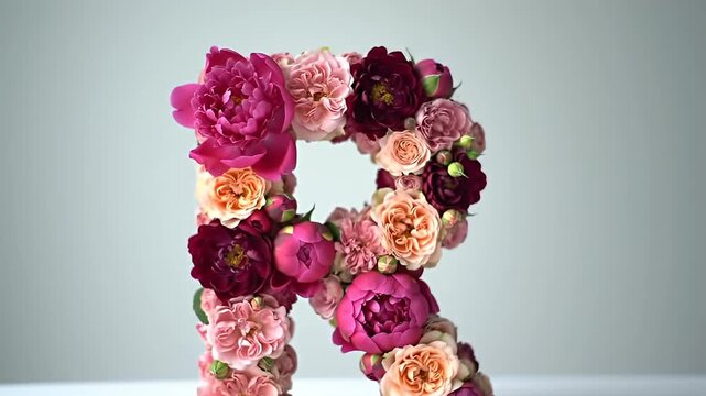 A beautiful floral letter R made of various pink and peach flowers, perfect for a wedding or special event.
