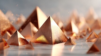 Metallic rose gold pyramids on smooth gradient floor with diffused glow light