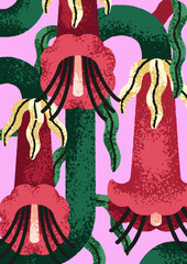 Naklejka premium Floral poster design. Abstract flower card with spring bloom, gorgeous garden blossom. Modern creative botanical background, exotic fiction nature art, vertical postcard. Flat vector illustration