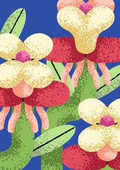 Naklejka premium Floral background with blossoms. Flower blooms, abstract garden nature, creative whimsical botanical poster, vertical postcard. Spring plant, summer card, fairytale style. Flat vector illustration