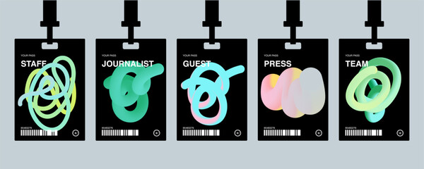 Plastic badges id card badges in a futuristic style. Journalist, guest, staff. Identification cards on a string, entrance ticket, pass.