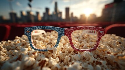 Cinematic experience with 3D glasses on popcorn against a sunset city.