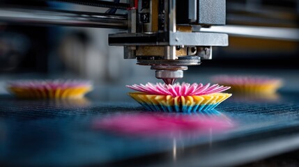 Close up of a 3D printer nozzle creating a colorful cupcake liner.