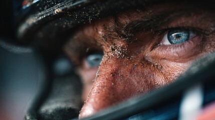 Close up of a determined race car drivers intense blue eyes behind a helmet.