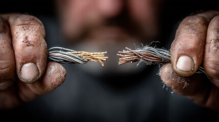 Close up of a mans hands pulling apart a frayed rope, symbolizing tension and breaking point.