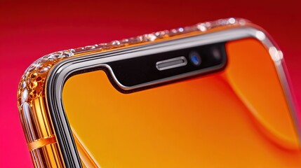 Close up of a modern smartphone with a bright orange screen and a diamond-encrusted bezel.