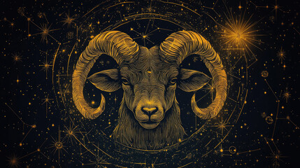 Aries zodiac constellation in minimal line art style, thin golden lines forming ram shape on black background, modern mystical astrology design with celestial elements and copy space for text