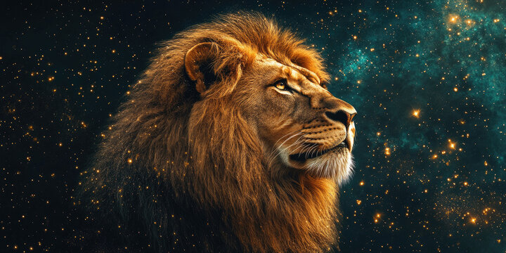Leo zodiac sign represented by the majestic male lion symbol with constellation illustration, astrological horoscope background in blue cosmic design, mystical atmosphere with copy space for text