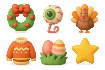 Festive icon collection featuring christmas wreath, thanksgiving turkey, easter eggs, and more for holiday design