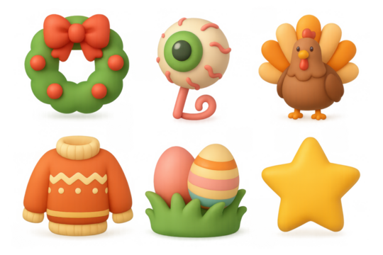 Festive icon collection featuring christmas wreath, thanksgiving turkey, easter eggs, and more for holiday design