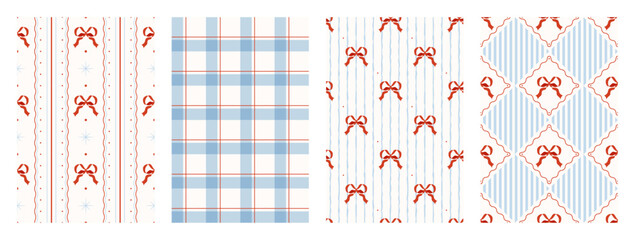 Obraz premium Wrapping paper seamless pattern set. Coquette cute print. Xmas plaid texture with red bow and ribbons. Soft feminine print. Preppy wallpaper. Blue checkered background. Vector illustration