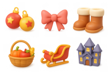 Festive holiday icon set with christmas ornaments, bow, boots, basket, sleigh, and spooky house for decorations