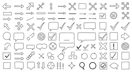 Collection of various icons and symbols including arrows, checkmarks, crosses, speech bubbles, and more