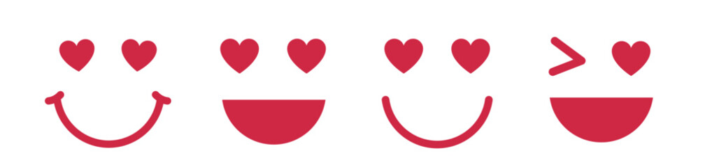 Valentine's Day smiley emoji icon element set.
Cute smiling face with heart eyes flat vector illustration.
Red silhouette.
White background.