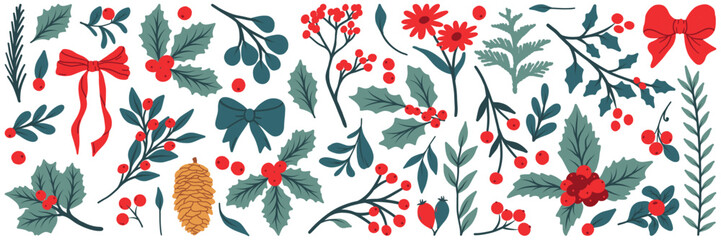 Hand-drawn winter botanical vector set with holly, pine branches, red berries, mistletoe and leaves. Flat modern Christmas clipart for holiday decoration and design. © Tetiana Komarytska