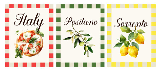 Amalfi Coast poster showcasing fresh lemon, margarita pizza, olives, and Italian coastal charm with watercolor art, Mediterranean summer travel postcard design inspiration