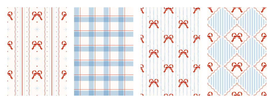 Wrapping paper seamless pattern set. Coquette cute print. Xmas plaid texture with red bow and ribbons. Soft feminine print. Preppy wallpaper. Blue checkered background. Vector illustration