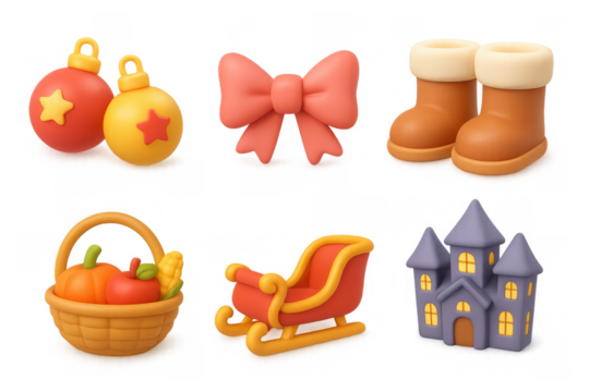 Festive holiday icon set with christmas ornaments, bow, boots, basket, sleigh, and spooky house for decorations