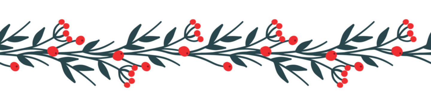 Christmas seamless floral frame with winter holly berries. Winter festive print all around. Illustration of festive gift wrapping paper. Seamless vector pattern.