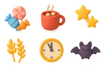 Cute cartoon icon set featuring candy, coffee, stars, wheat, clock, and bat for fun design projects