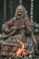 A woman wearing a red and blue dress is sitting next to a fire