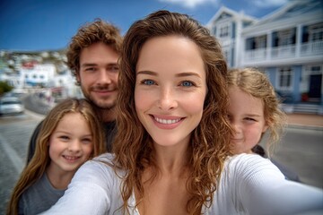 A woman with long brown hair and a family of four in the background