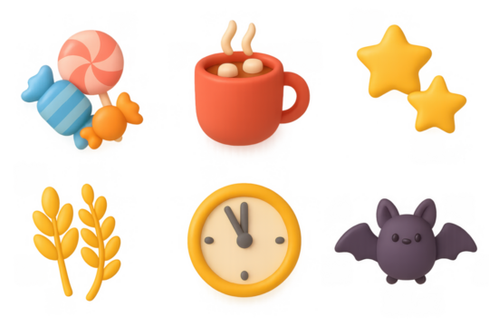 Cute cartoon icon set featuring candy, coffee, stars, wheat, clock, and bat for fun design projects
