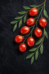 A close up of a bunch of red tomatoes on a black background