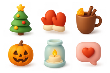 Festive icon set featuring christmas tree, mittens, hot drink, jack-o’-lantern, candle, and heart