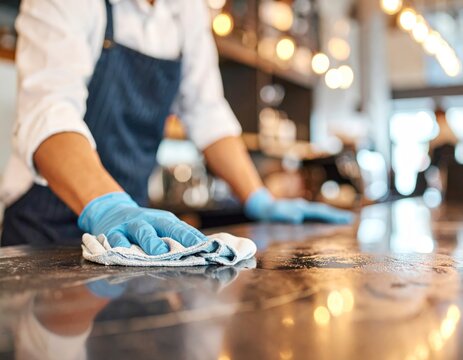 Professional staff member diligently sanitizing a commercial counter surface for customer safety