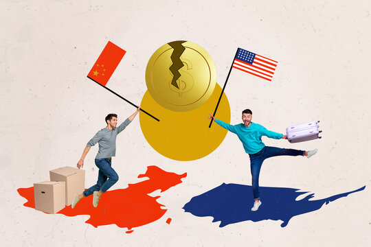 Trend artwork design 3D collage sketch of world two man hold flag broken coin crisis geo politics asia usa international economy relations - Powered by Adobe