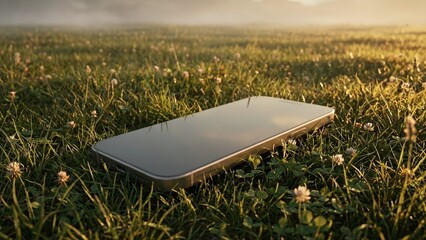 Smartphone on green grass with clover flowers in soft sunlight