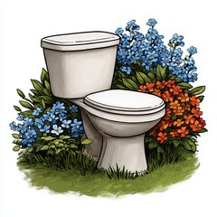 A toilet is surrounded by flowers and grass