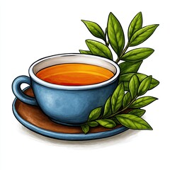 A cup of tea with a leaf on top of it
