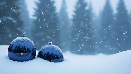 Blue Christmas Ornaments in the Snowy Winter Forest.