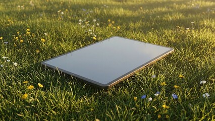 Digital tablet resting on vibrant green grass with wildflowers under golden sunlight