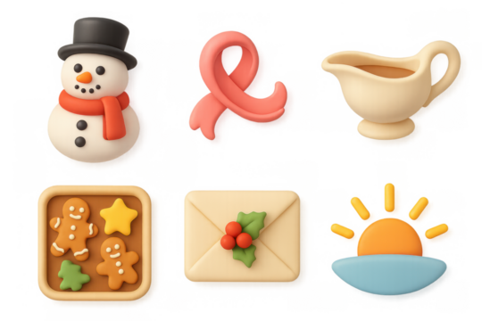 Holiday icon set with snowman, ribbon, gravy boat, gingerbread, envelope, and sunrise for seasonal designs - Powered by Adobe