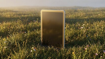 Digital tablet standing upright in a sunlit green grassy field with colorful wildflowers at golden hour