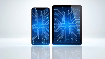 A modern smartphone and a digital tablet with glowing blue circuit board screens side by side