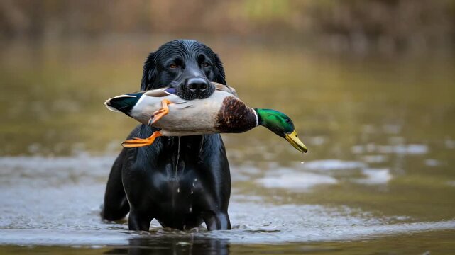 Wet retriever dog carrying mallard duck in shallow water, hunting training in autumn river, working gundog fetching waterfowl, outdoor sporting activity, canine obedience