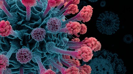 Detailed microscopic view of a virus cell offers insight for scientific research and medical breakthroughs in infectious disease control