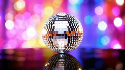 Disco mirror ball with colorful bokeh, reflective surface in vibrant party setting, illuminated dance floor ambiance, festive celebration atmosphere, retro nightlife decoration