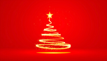 christmas tree from light spark on red background and copy space