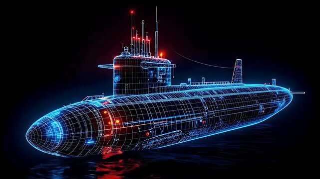 Futuristic Digital Submarine Wireframe Model Emerging from Dark Water