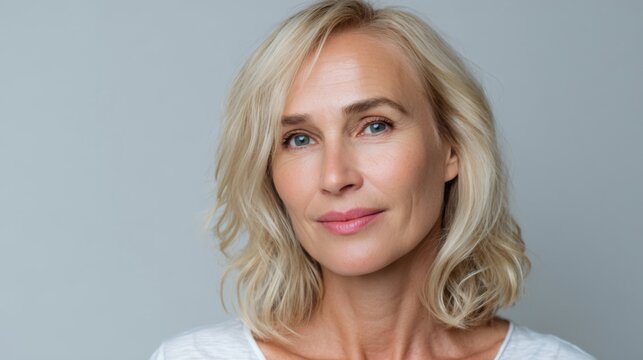 Close-up portrait of a middle-aged Caucasian woman with light blonde hair, exuding confidence and elegance.