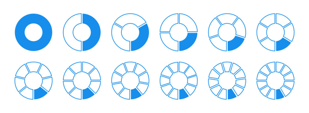 Wheel round blue divided diagrams with one, two, three, four, five, six, seven, eight, nine, ten, eleven, twelve segments. Circle division on 1, 2, 3, 4, 5, 6, 7, 8, 9, 10, 11, 12 equal parts. Coachin