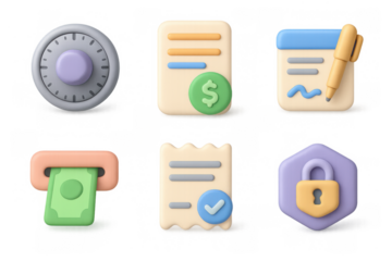 Finance icon set with vault, documents, currency, receipt, and security lock for financial design projects