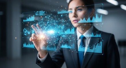 Digital Transformation: Businesswoman Navigating Data-Driven Insights, Futuristic Interface