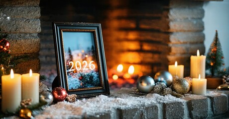Cozy winter scene. Candles illuminate photo frame near fireplace. Festive decorations, snow create warm ambiance.